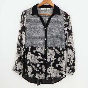 Vintage Sheer Floral Geometric Mixed Print Blouse Top Button High Low Top Size M